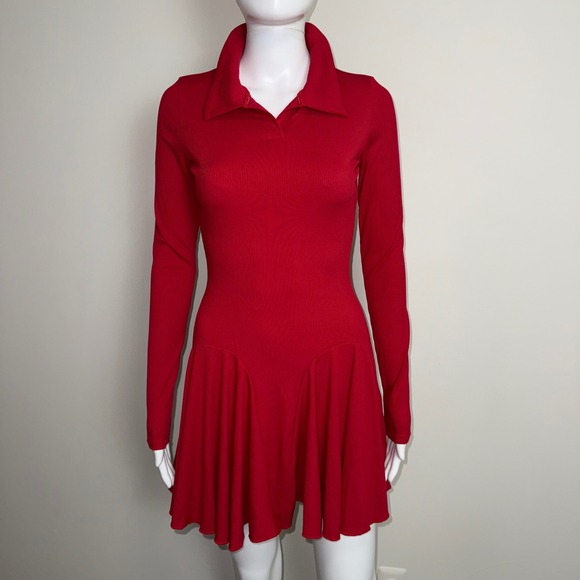 Commense Red Ribbed Knit Mini Dress Long Sleeve Polo Collar Fit and Flare Small - Picture 7 of 17